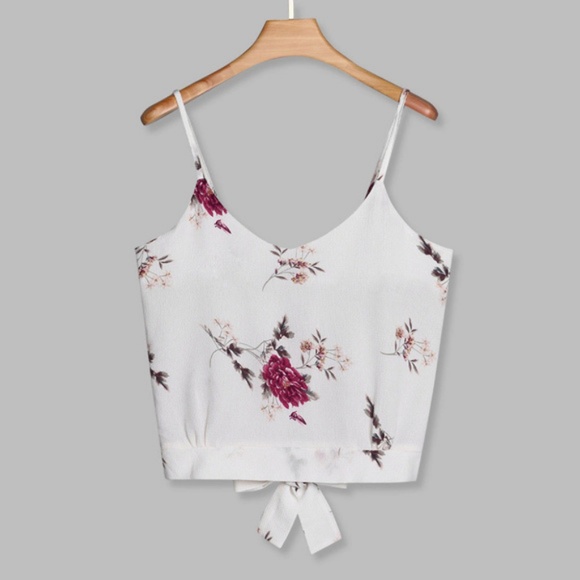 White & Pink Floral Tie Waist Sleeveless Crop Top - Picture 8 of 8